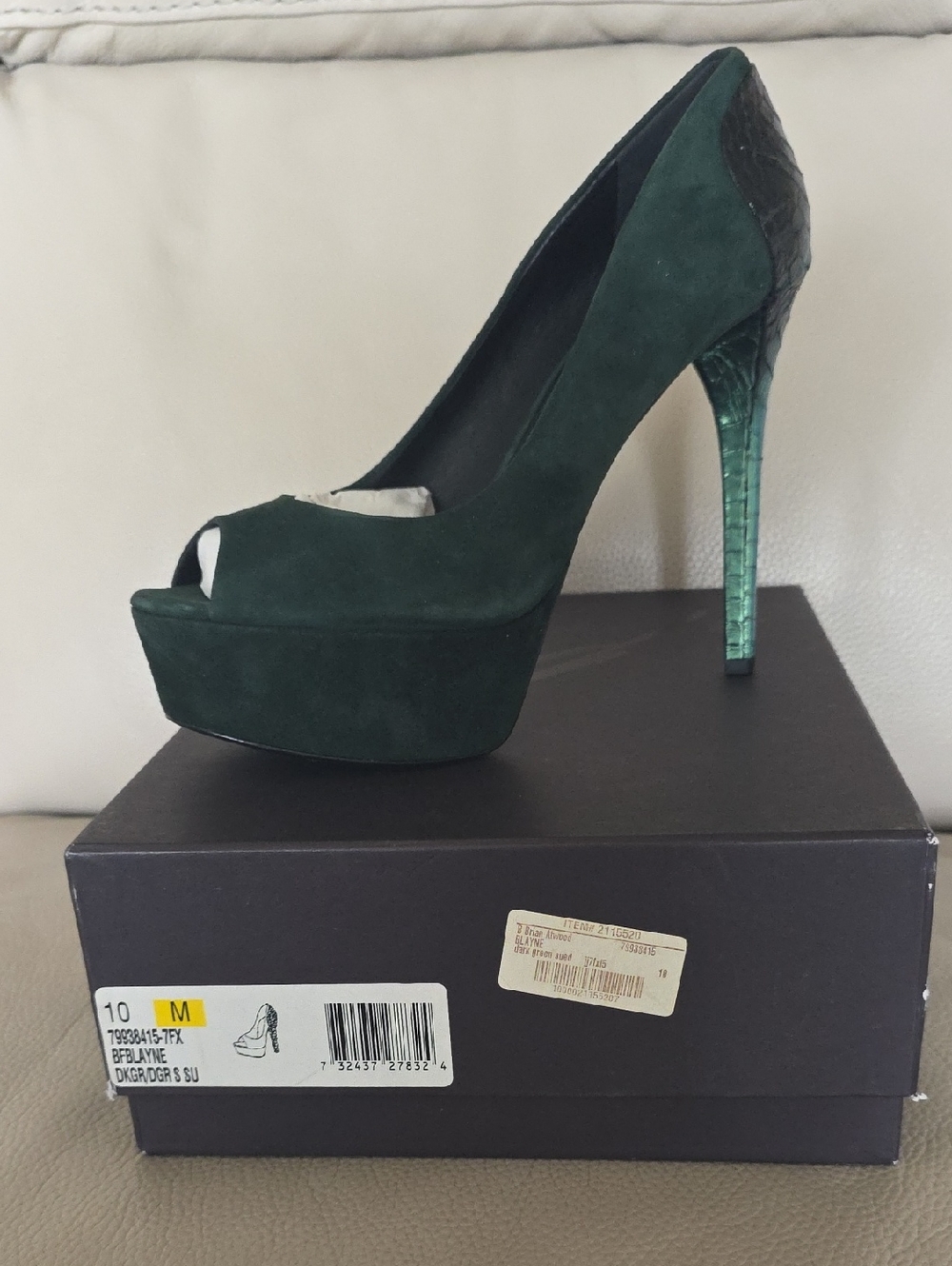 Brian Atwood Forest Green Suede Peep-Toe Platform Pump with Metallic Heel